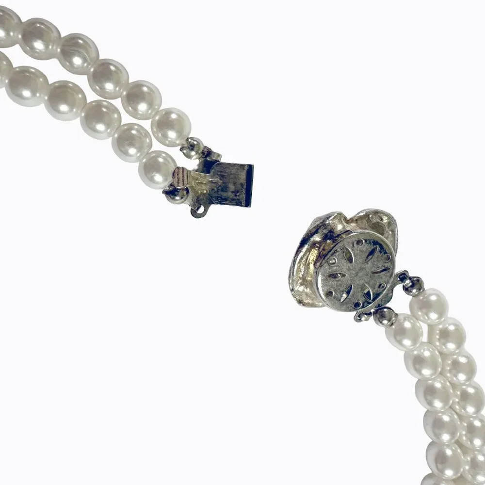 Vtg Double-Strand Pearl Necklace Choker Rhinestone Pendant Victorian Edwardian